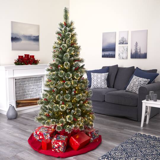 6ft. Pre-Lit Frosted Swiss Pine & Berries Artificial Christmas Tree with Clear LED Lights